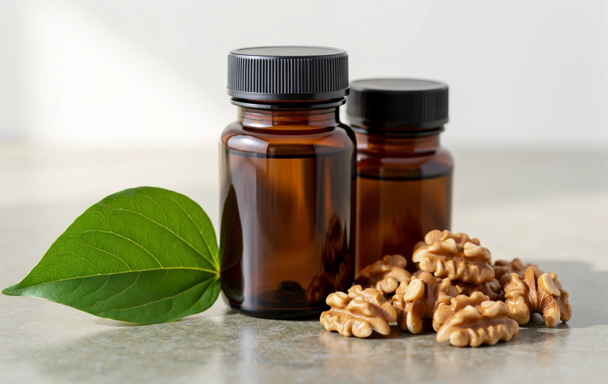 Natural supplements bottles in a serene setting